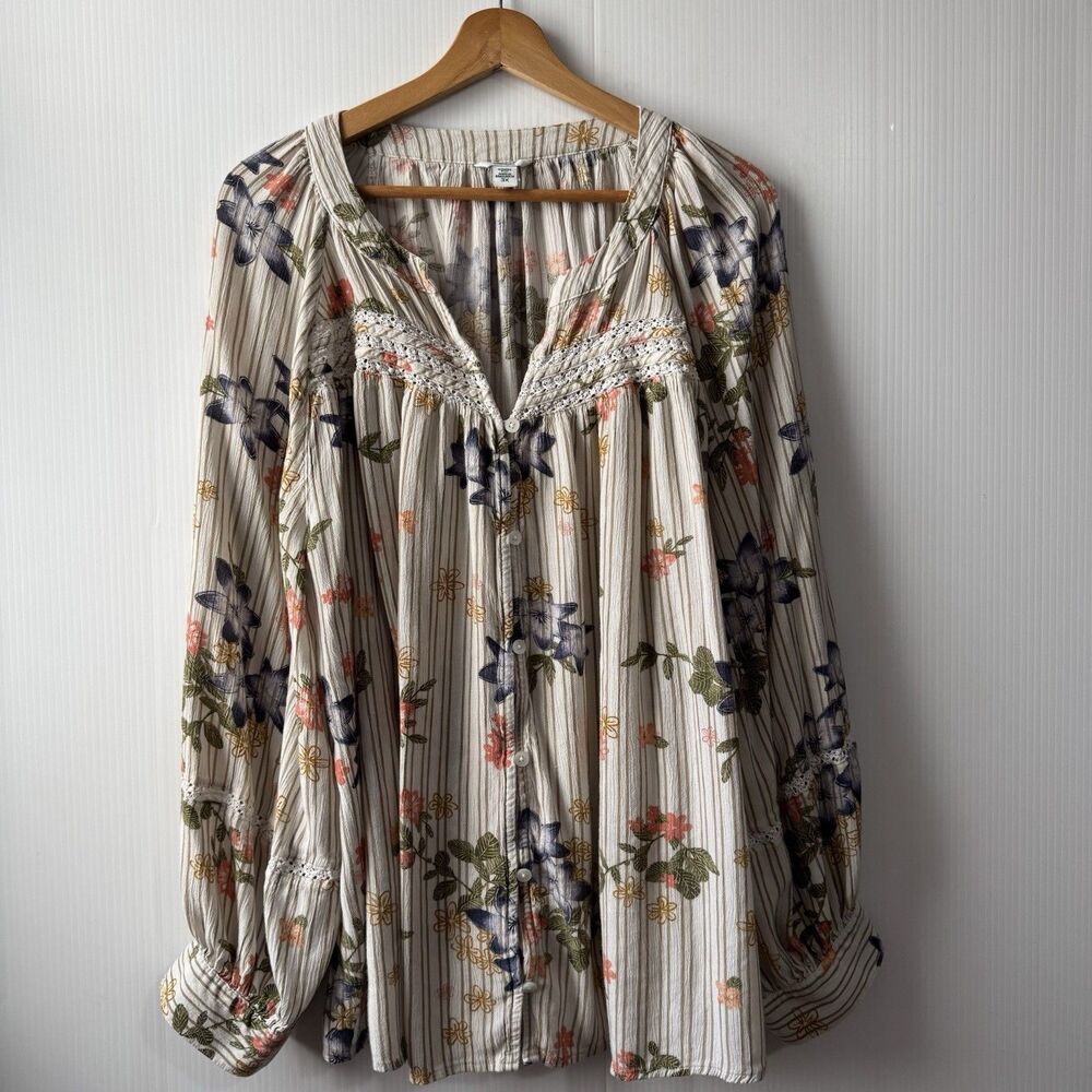 Sonoma 3X V-Neck Womens Cream Floral Print Button Front  Blouse Tops Boho